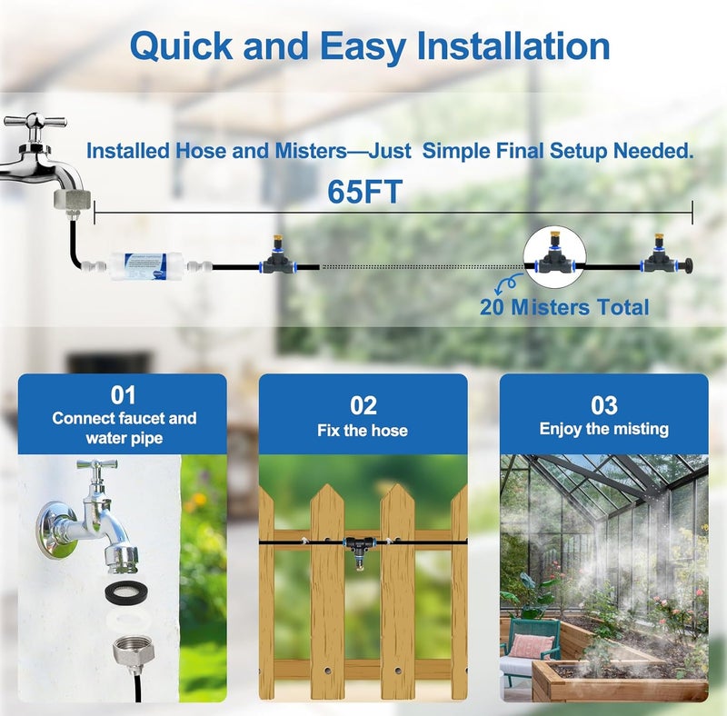POCKET PANDA Pre-Assembled Misters for Outside Patio,Outdoor Misting Cooling System w Filter,65FT|20M. Backyard Mist Kit for Garden,Greenhouse,Deck,Umbrella,Canopy,Pool,Porch,Trampoline,BBQ Party - Image 4